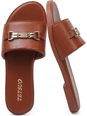 Women's Sandals Dressy Slide Sandals All Brown Open Toe Slip On Flat Sandals